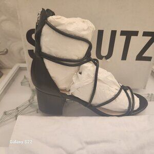 Schutz "Shayla" Black Leather Heeled Sandals. NIB. Size 8
